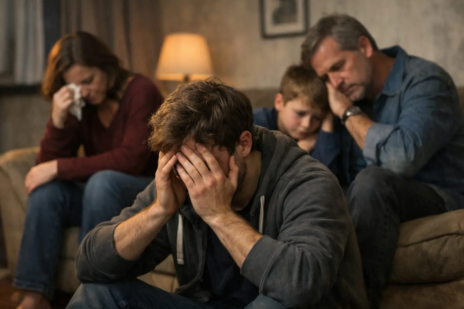 Homem com o rosto entre as mãos e sua família preocupada ao fundo, na sala de casa